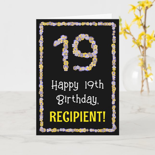 19th Birthday: Floral Flowers Number, Custom Name Card (Yellow Flower)