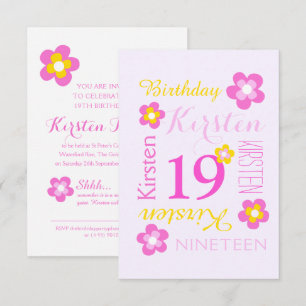 19th birthday flower graphic yellow pink surprise invitation