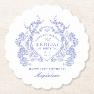 19th Birthday French Blue Floral Crest Custom Paper Coaster