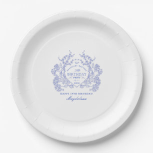 19th Birthday French Blue Floral Crest Custom Paper Plate