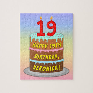 19th Birthday: Fun Cake and Candles + Custom Name Jigsaw Puzzle
