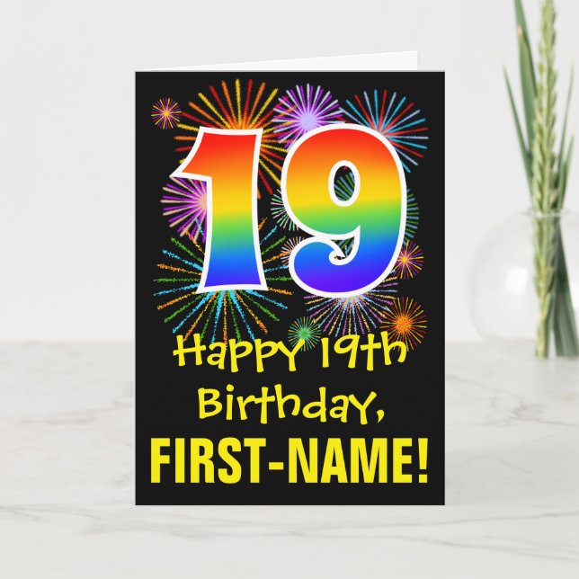 19th Birthday: Fun Fireworks Pattern + Rainbow 19 Card (Front)
