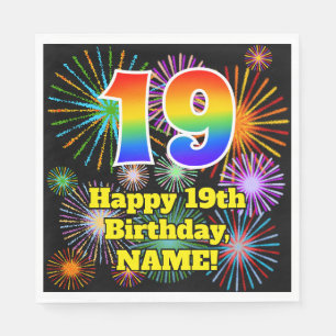 19th Birthday: Fun Fireworks Pattern + Rainbow 19 Napkin