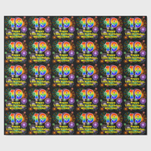 19th Birthday: Fun Fireworks, Rainbow Look # “19” Wrapping Paper