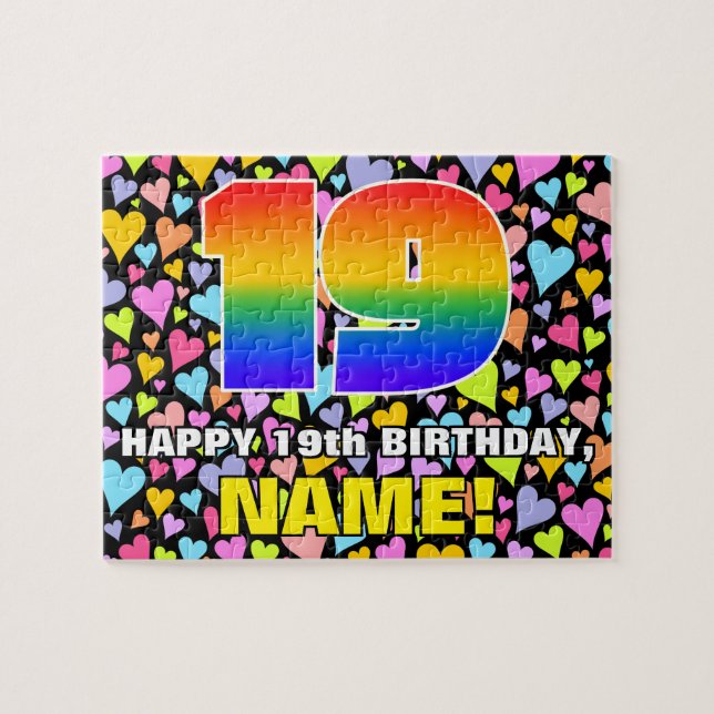 19th Birthday — Fun, Loving Heart Shapes + “19” Jigsaw Puzzle (Horizontal)