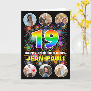 19th Birthday: Fun Rainbow #, Custom Name & Photos Card