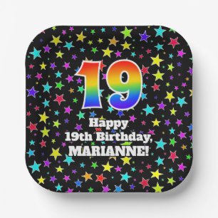 19th Birthday: Fun Stars Pattern and Rainbow “19 Paper Plate