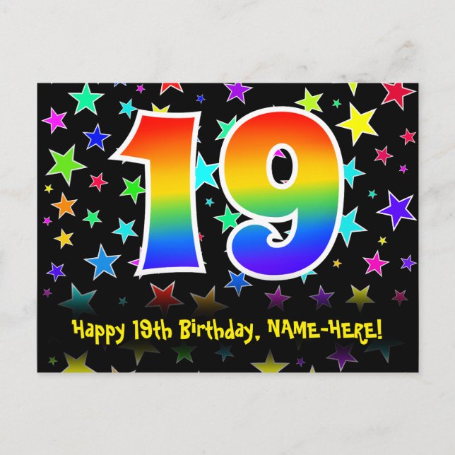 19th Birthday: Fun Stars Pattern, Rainbow 19, Name Postcard (Front)