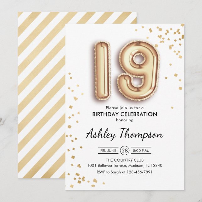 19th Birthday - Gold Balloons Invitation (Front/Back)