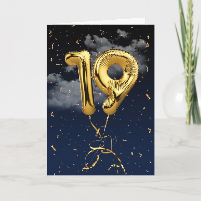19th Birthday Gold Mylar Balloon and Confetti Card (Front)