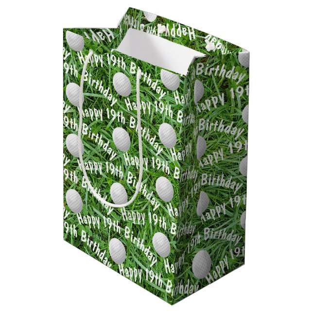 19th Birthday Golf Balls on Grass Medium Gift Bag (Back Angled)