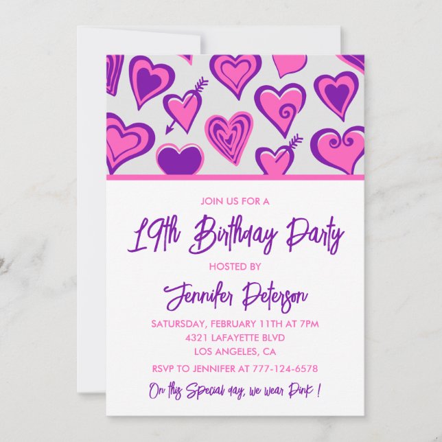 19th birthday invitations Glam Pink Heart (Front)