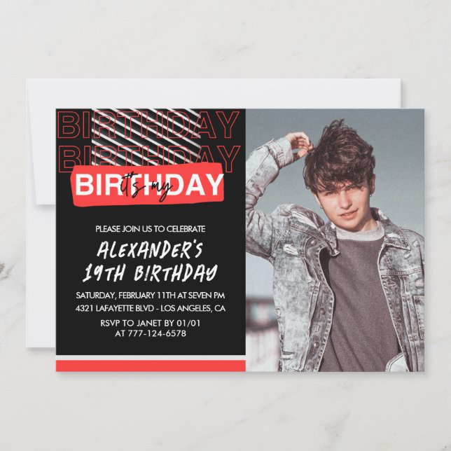 19th birthday invitations Men Party Photo Red  (Front)