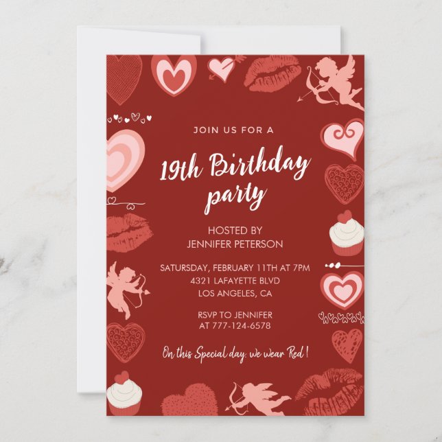 19th birthday invitations Red Cute Hearts (Front)