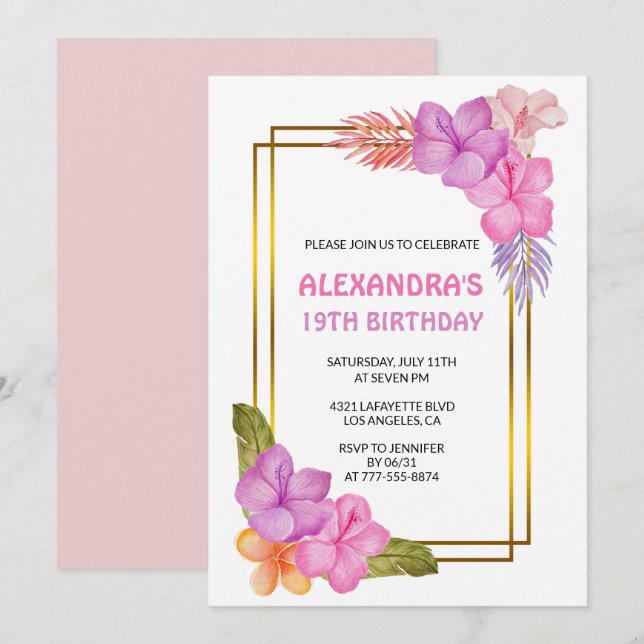 19th birthday invitations Tropical Floral Pink (Front/Back)