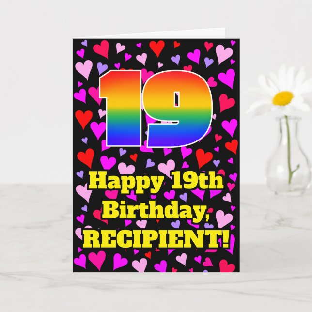 19th Birthday: Loving Hearts Pattern, Rainbow # 19 Card (Small Plant)