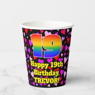 19th Birthday: Loving Hearts Pattern, Rainbow 19 Paper Cups