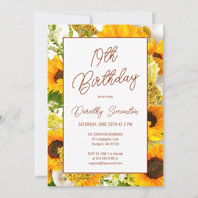 19th Birthday Modern Sunflower Floral Invitation (Front)