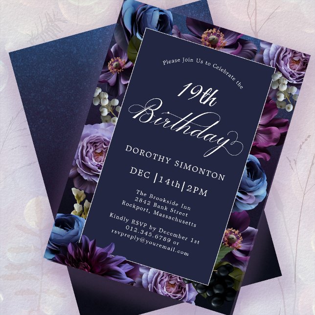 19th Birthday Moody Purple Flower Invitation (Creator Uploaded)