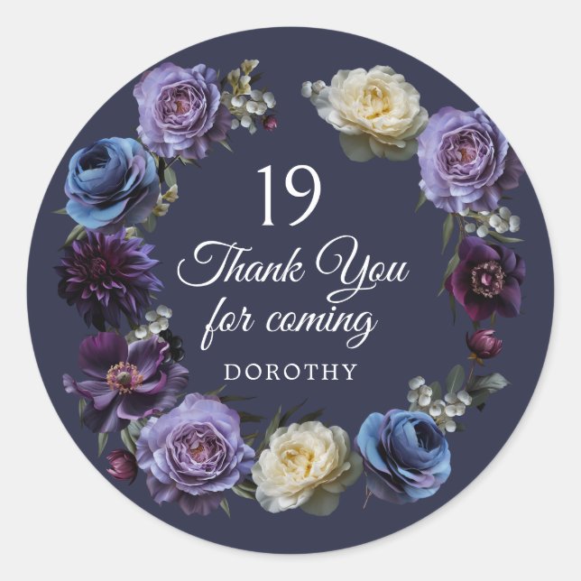 19th Birthday Moody Purple Flower Thank You Favour Classic Round Sticker (Front)