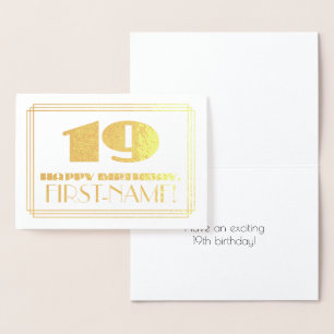 19th Birthday; Name + Art Deco Inspired Look "19" Foil Card
