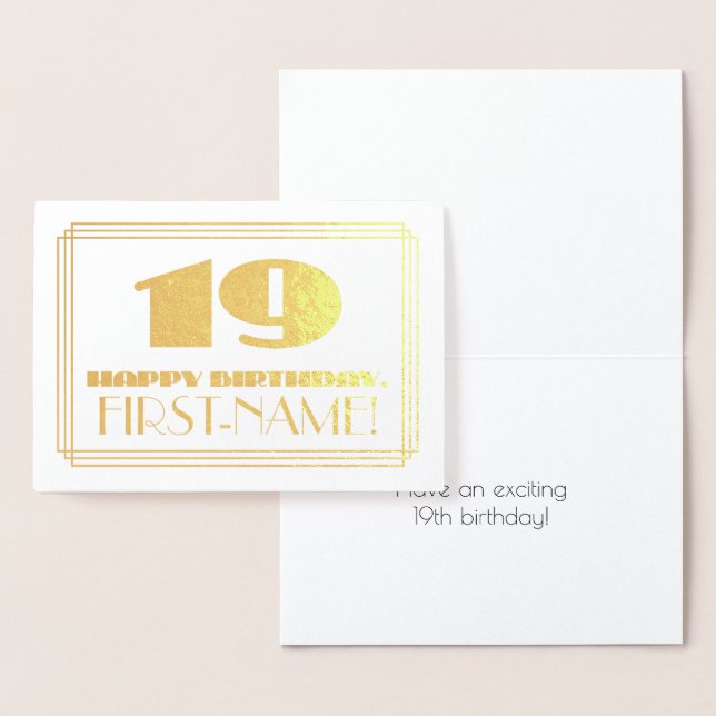 19th Birthday; Name + Art Deco Inspired Look "19" Foil Card (Display)