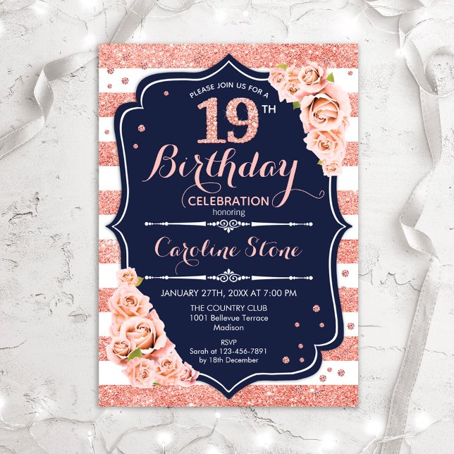 19th Birthday - Navy Rose Gold and White Stripes Invitation (Creator Uploaded)