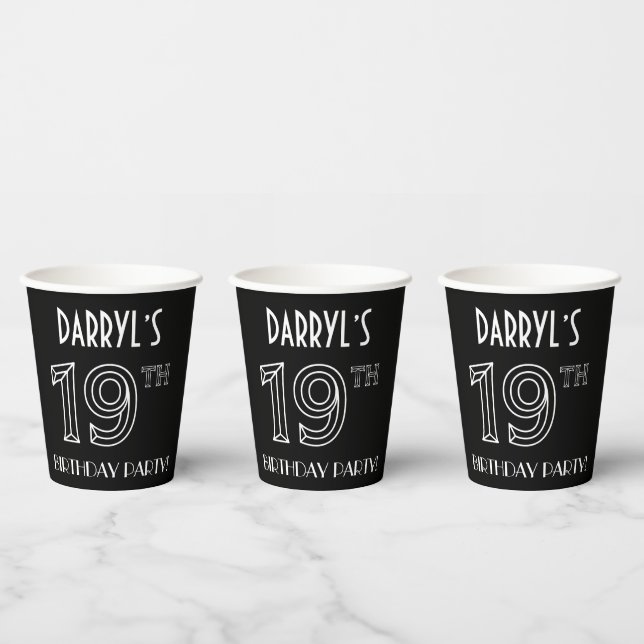 19th Birthday Party: Art Deco Style + Custom Name Paper Cups (Multi)