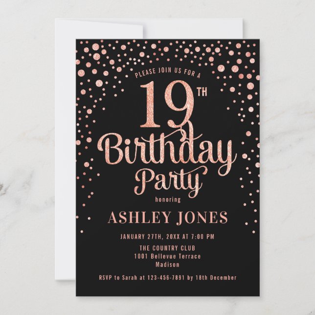 19th Birthday Party - Black & Rose Gold Invitation (Front)