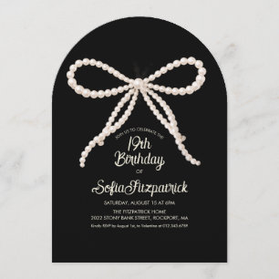 19th Birthday Party Black White Pearl Bow Arch Invitation