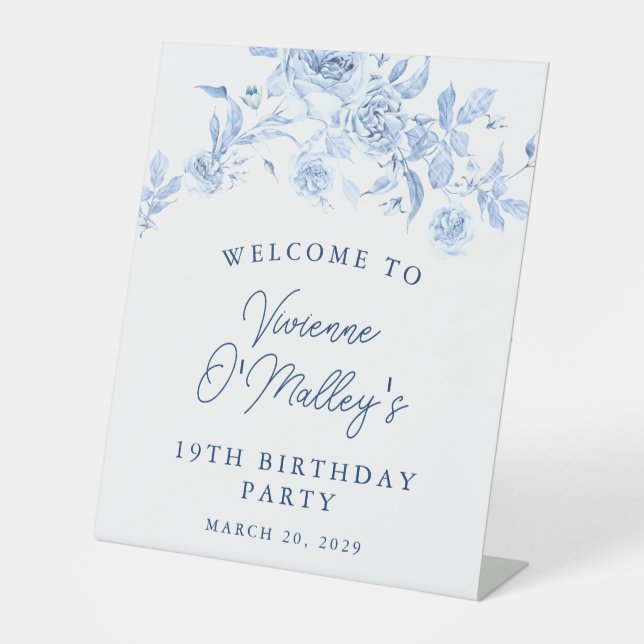 19th Birthday Party Blue Rose Floral Welcome Pedestal Sign (Front)