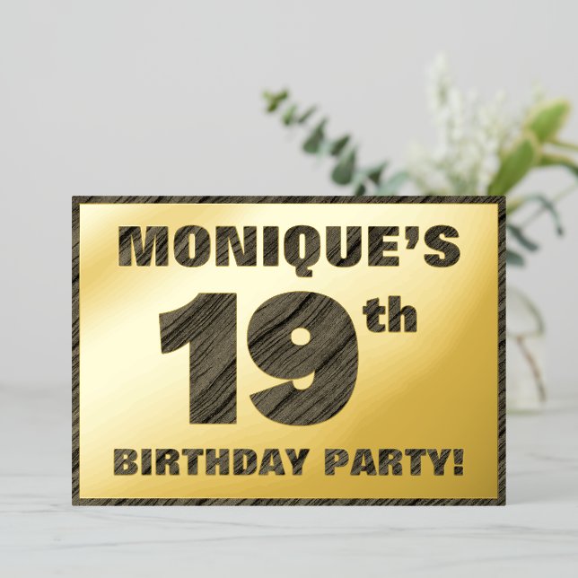 19th Birthday Party — Bold, Faux Wood Grain Text (Standing Front)