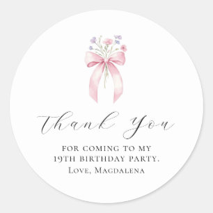 19th Birthday Party Bow Custom Thank You Favour Classic Round Sticker