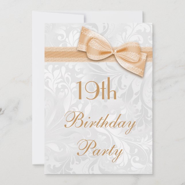 19th Birthday Party Damask and Faux Bow Invitation (Front)