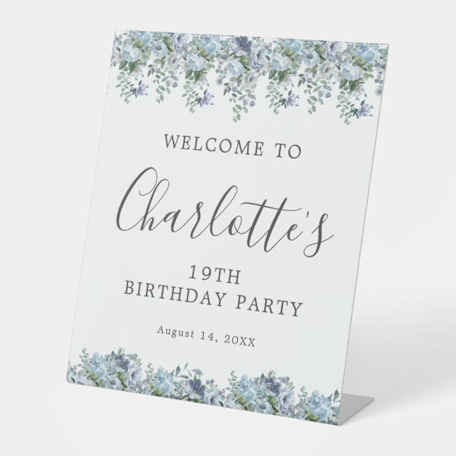 19th Birthday Party Dusty Blue Floral Welcome Pedestal Sign (Front)