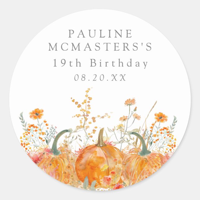 19th Birthday Party Fall Pumpkin Wildflower Custom Classic Round Sticker (Front)