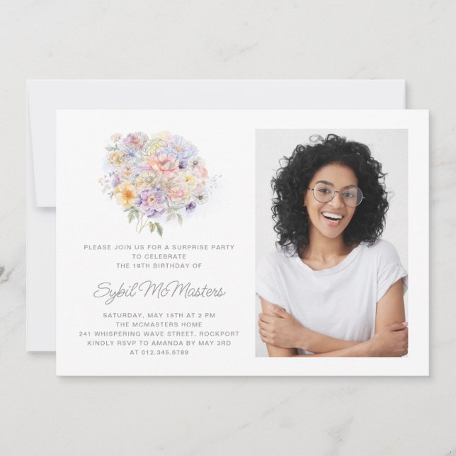 19TH Birthday Party Flower Bouquet Photo Surprise Invitation (Front)