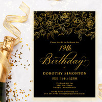 19th Birthday Party Gold Rose Floral Black