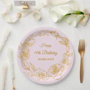 19th Birthday Party Luxe Gold Rose Floral Pink Paper Plate