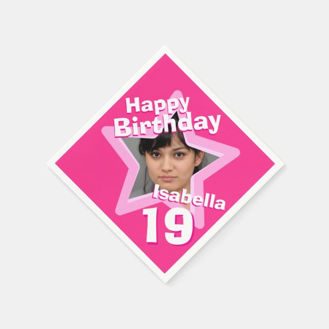 19th Birthday party photo star hot pink napkins (Corner)