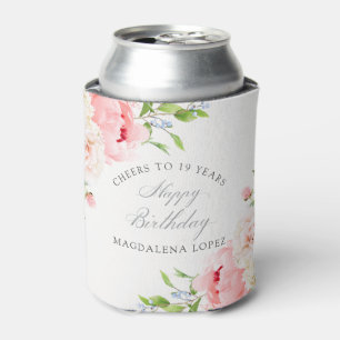 19th Birthday Party Pink Floral Custom Can Cooler