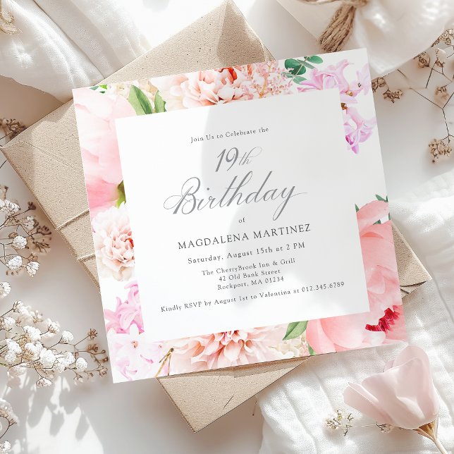 19th Birthday Party Pink Peony Floral Square Invitation (Creator Uploaded)