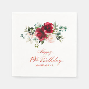 19th Birthday Party Pink Red Floral Custom Napkin