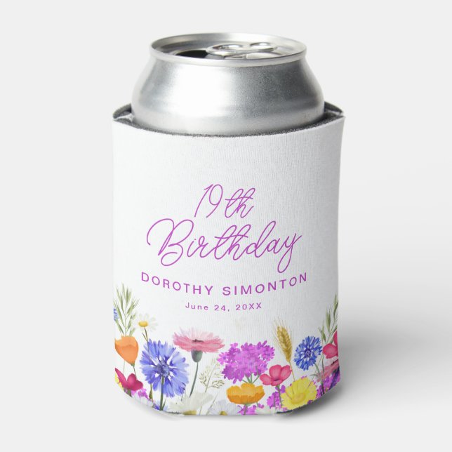 19th Birthday Party Purple Wildflower Custom Can Cooler (Can Front)