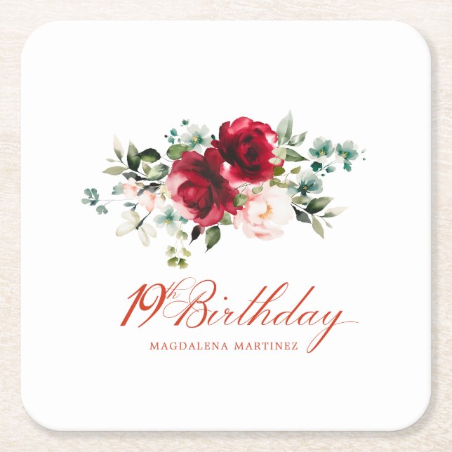 19th Birthday Party Red Pink Floral Custom Square Paper Coaster (Front)