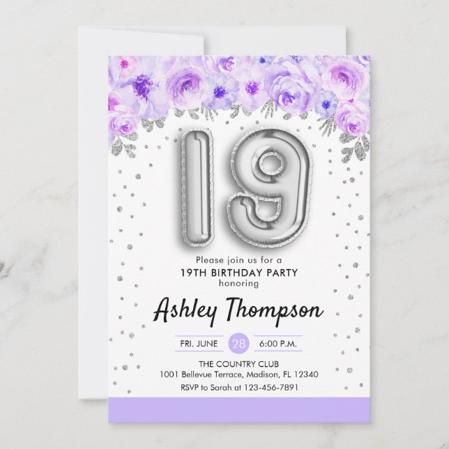 19th Birthday Party - Silver Balloons Lavender Invitation (Front)