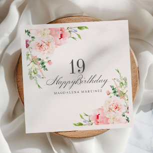 19th Birthday Party Supplies Pink Floral Custom Napkin