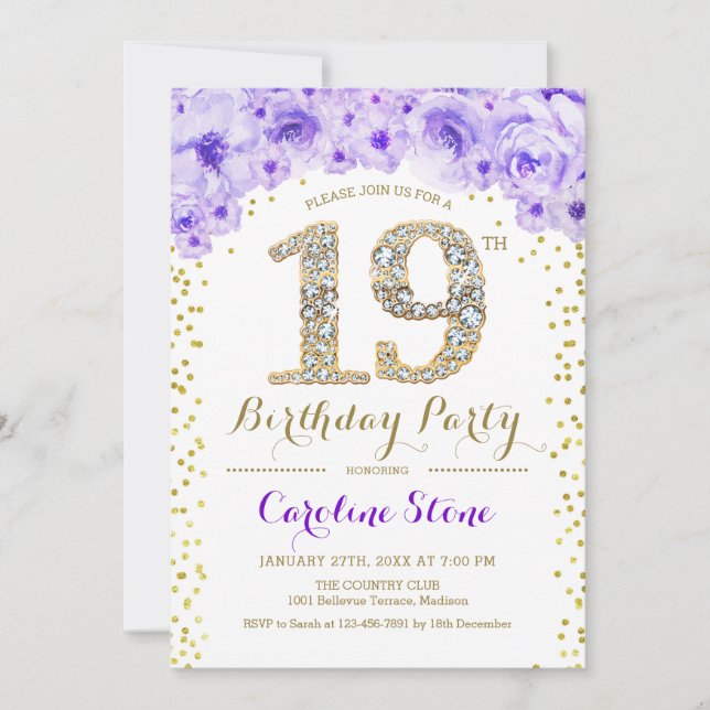 19th Birthday Party - White Gold Purple Invitation (Front)