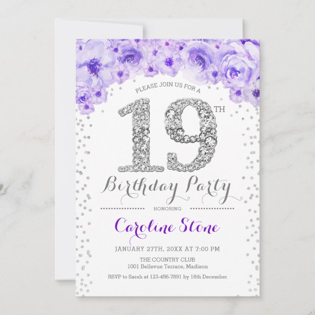 19th Birthday Party - White Silver Purple Invitation (Front)