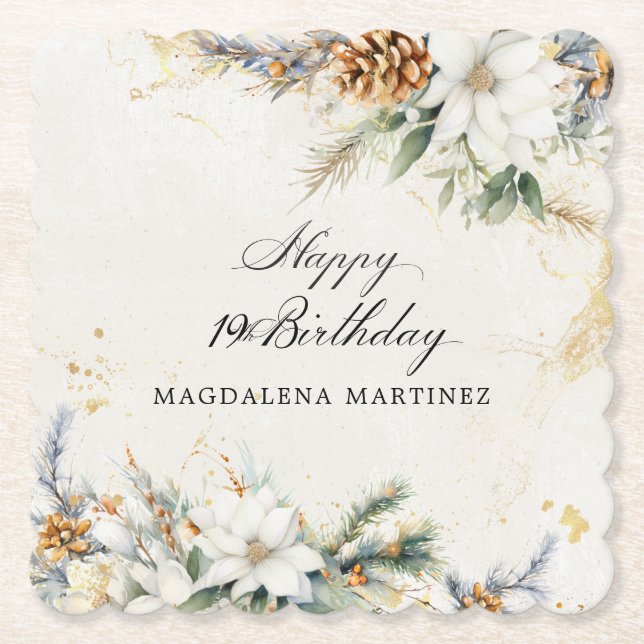 19th Birthday Party White Winter Floral Custom Paper Coaster (Front)